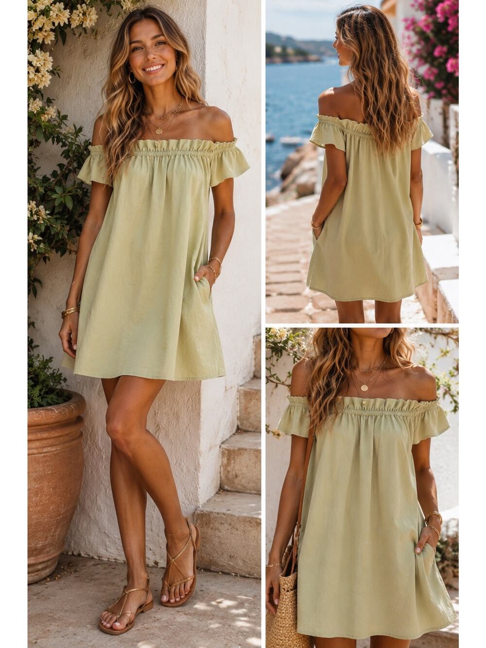 Free People Sage Green Off The Shoulder Dress Cotton Mini Dress Boho Cottagecore